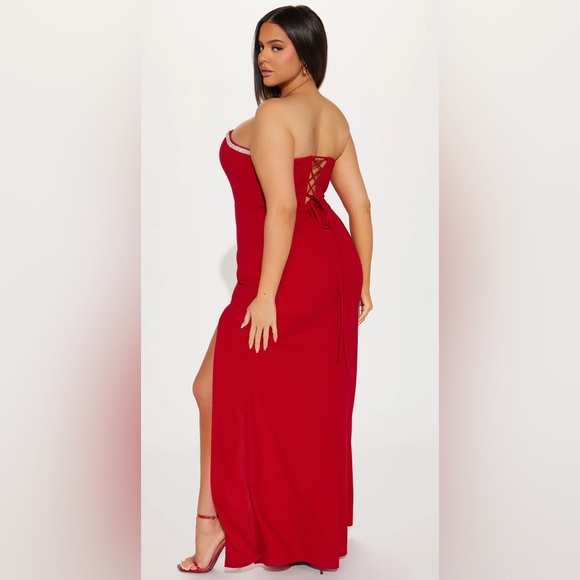 Fashion Nova Red Lace-up Back Dress with Rhinestone Sweetheart Neckline - Picture 3 of 5